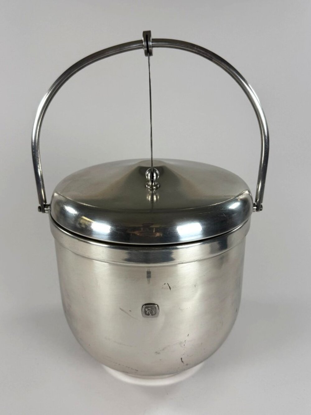 Vintage Metal Ice Bucket Swing Handle Polished Stainless Steel & Ceramic Liner
